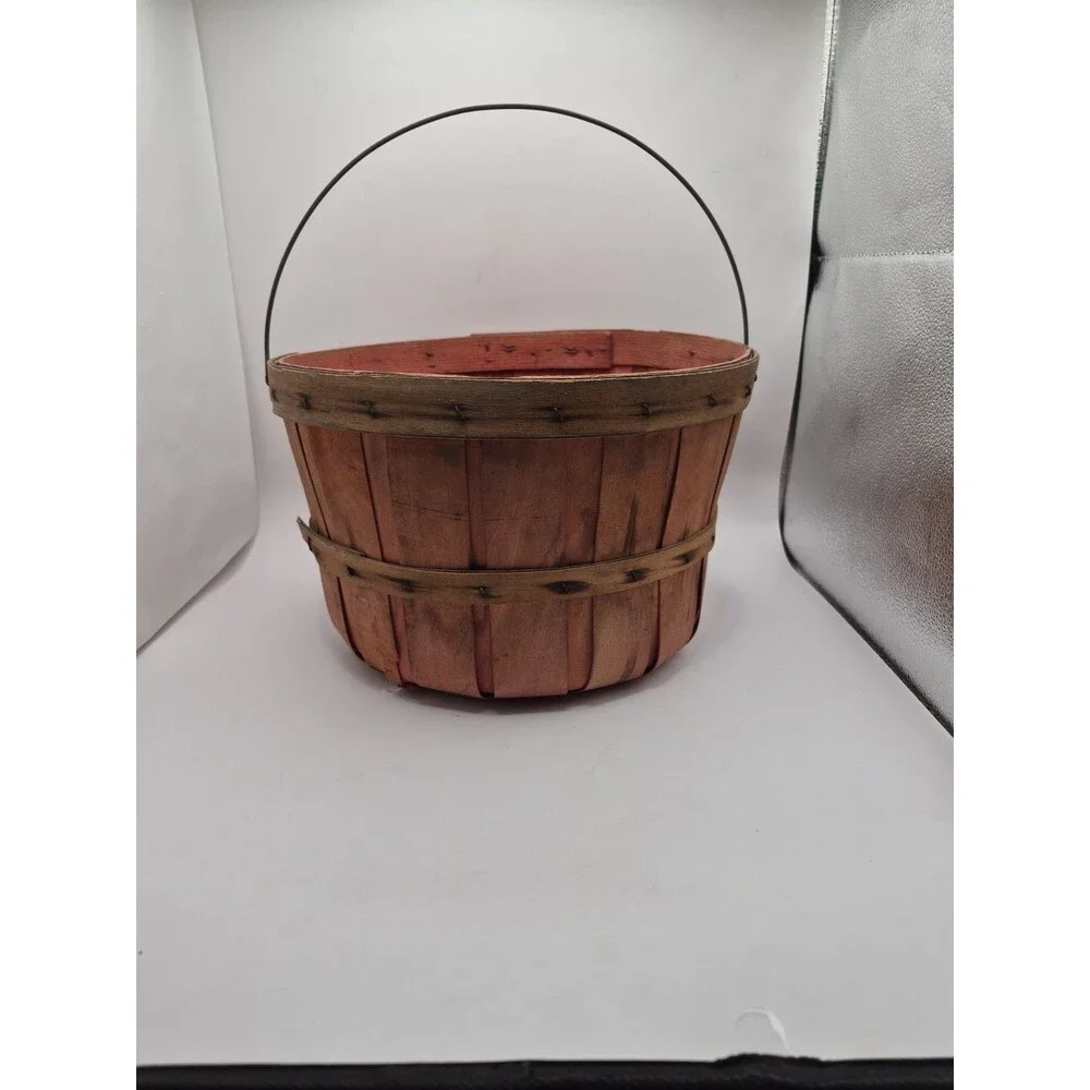Vintage Wooden Apple Basket With Metal Handle Rustic Farmhouse Decor